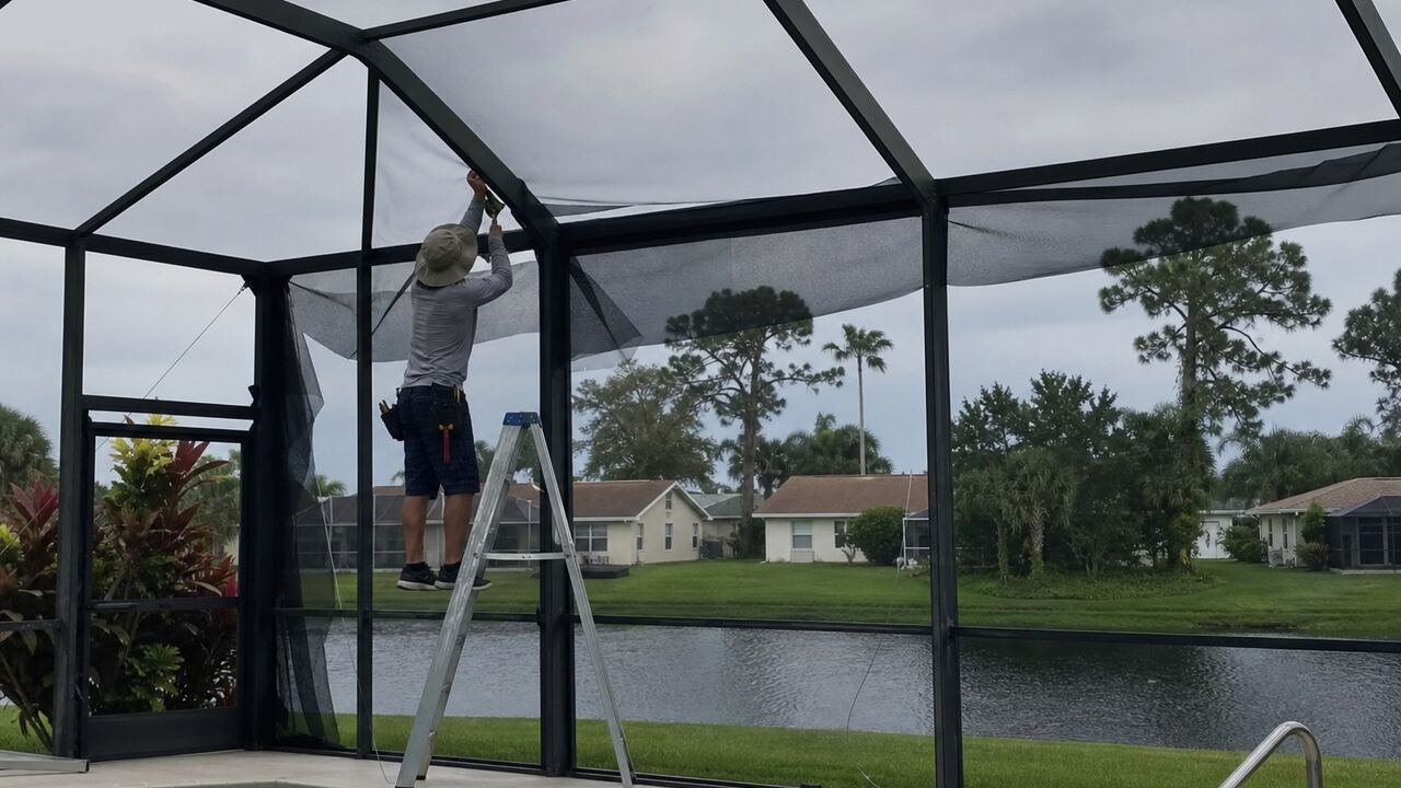 Pool screen rescreening in progress Cape Coral Fort Myers